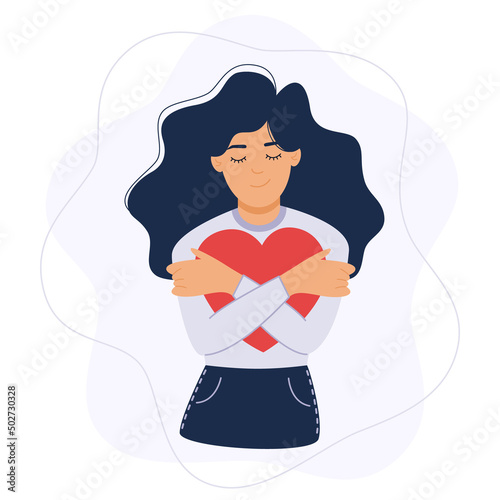 Cute girl with heart shaped long hair. Self care, love yourself icon or body positive concept. Happy woman hugs her knees. Illustration of International Women's day. Vector postcard, valentines card.