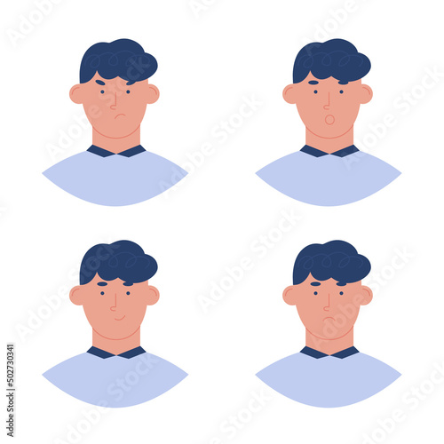 Set of male facial emotions. Man emoji character with different expressions. Vector illustration in cartoon style