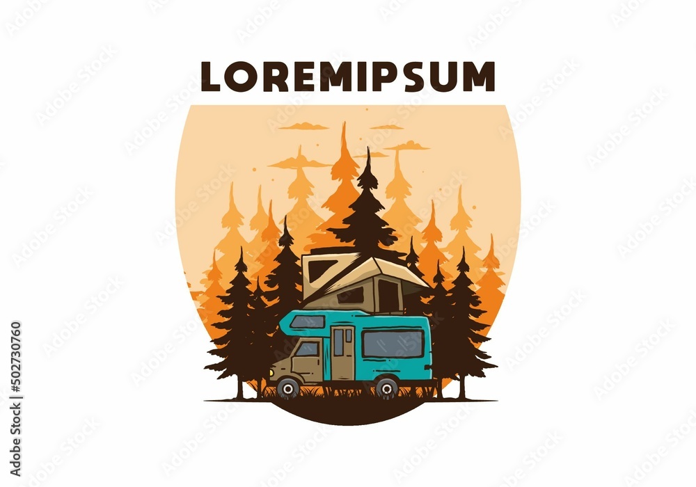 Car roof camping in the jungle illustration Car roof camping in the jungle illustration