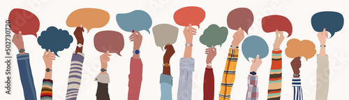 Hand up group of multicultural and multiethnic men and women holding speech bubble in hand. Talk  communicate and share information in social networks.Friends or colleagues talking.Teamwork