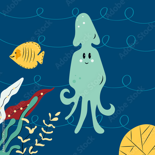 Cute Squid character floating in sea. Happy marine mollusc with tentacles, funny underwater dweller. Flat cartoon vector illustration isolated on blue wavy background