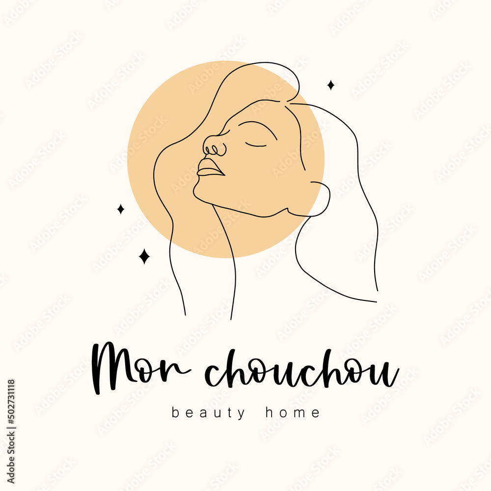 Logo design for beauty home or spa salon. Abstract woman face with closed eyes. Hand drawn outline female silhouette. Vector illustration in one line drawing style. Logo design for beauty home or spa salon. Abstract woman face with closed eyes. Hand drawn outline female silhouette. Vector illustration in one line drawing style.