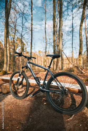 Air fork bicycle for downhill riding standing on the ground in a sunny forest background. Concept of active sports hobby © AlexGo