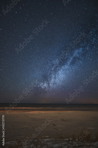 Real photo of the Milky way galaxies in the night sky. Background of a starry sky in summer. Infinity space texture.