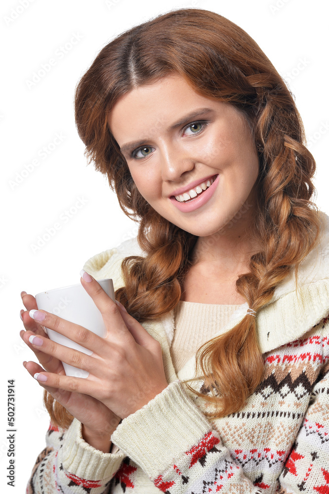 portrait of beautiful woman holding white cup portrait of beautiful woman holding white cup