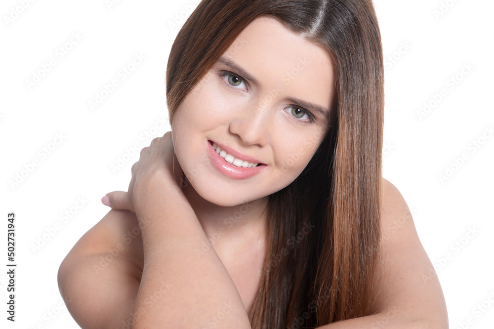 Close-up portrait of beautiful young woman isolated Close-up portrait of beautiful young woman isolated