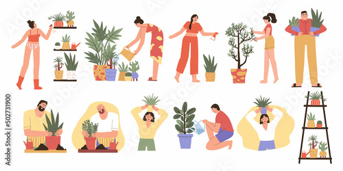 set with people caring for lady plants. vector illustration hand drawn illustration
