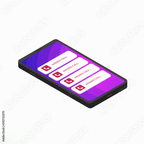 Missed call notification concept. Isometric smartphone isolated on white background.