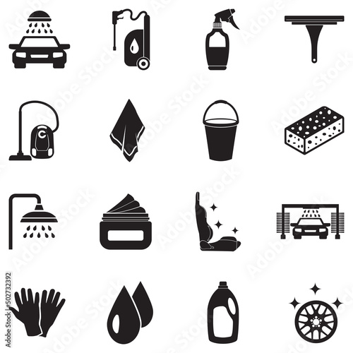 Car Cosmetics Icons. Black Flat Design. Vector Illustration.