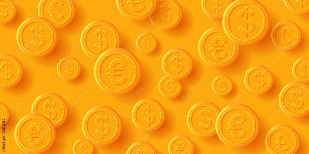 Yellow Background with dollar and euro golden coins falling. Vector illustration