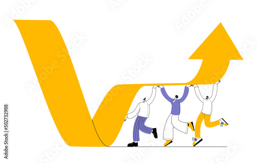 A group of characters picks up a fallen sales arrow. The concept of vector illustration.