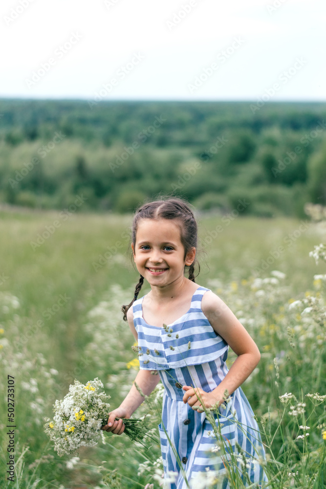 A cute dark-haired girl with pigtails in a blue and white dress collects a bouquet of wildflowers in a blooming summer meadow.Childhood, summer, rural simple life, positive vibes. A cute dark-haired girl with pigtails in a blue and white dress collects a bouquet of wildflowers in a blooming summer meadow.Childhood, summer, rural simple life, positive vibes.