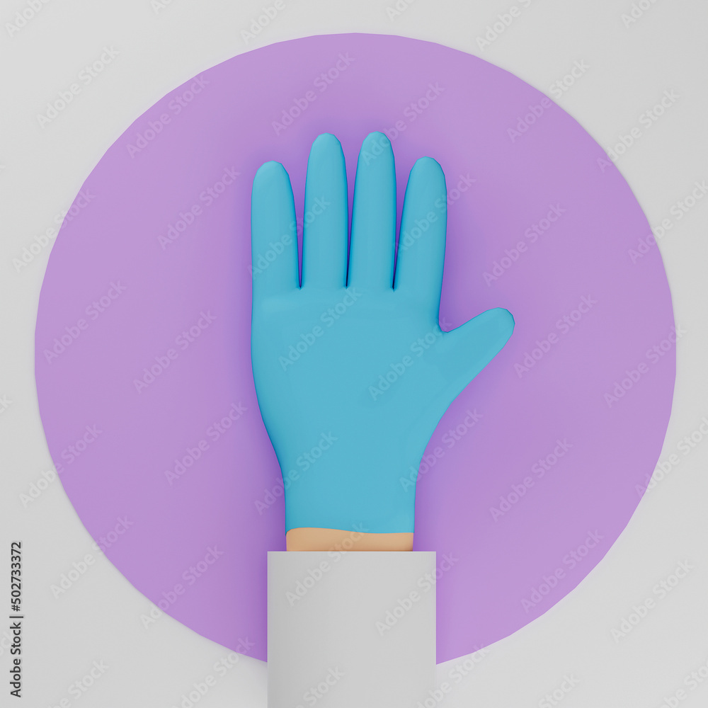 Obraz premium Doctor cartoon hand in medical glove isolated over violet background. 3d rendering. Treatment, pharmaceutical or medication concept.