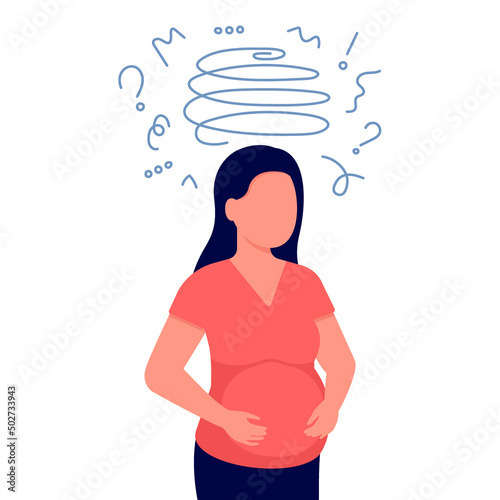 Pregnant woman in prepartum depression. Unhappy pregnancy, maternity assistance, family support. Prenatal female with belly in doubts and trouble, anxious, asks questions. Vector illustration