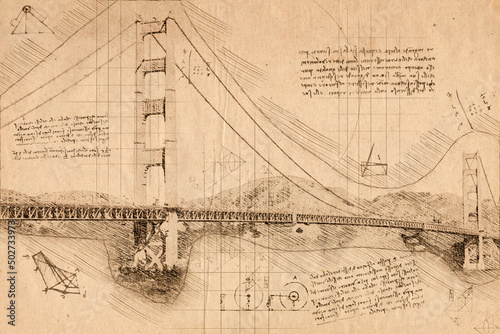 Sketch of Golden Gate Bridge, San Francisco, California, USA. Da Vinci Concept