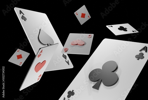 Glowing casino cards game on dark black background - 3d render. Flying cards for online casinos and mobile gambling applications, poker - winner, wealth concept.