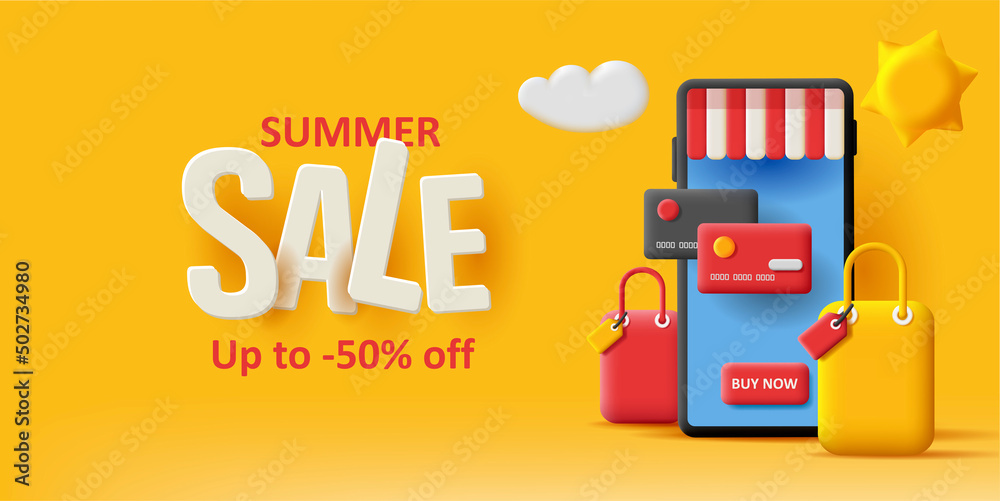 Web banner for online sopping sale with 3d illustration of smartphone with bags and credit cards. Vector illustration Web banner for online sopping sale with 3d illustration of smartphone with bags and credit cards. Vector illustration