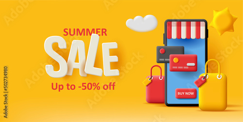 Web banner for online sopping sale with 3d illustration of smartphone with bags and credit cards. Vector illustration