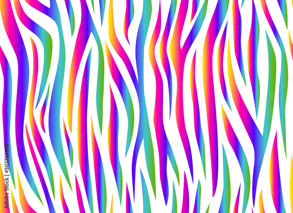 Zebra rainbow abstract seamless pattern. Neon gradient lines on a white background. Colorful stripes, repeating background. Vector printing for fabrics, posters, banners. 