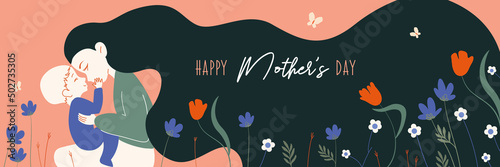 Vector banner with child kissing mother and hearts for mother's day