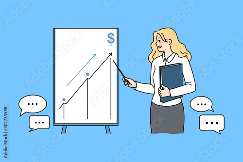 Successful businesswoman make presentation on flipchart develop business idea. Female coach or trainer present innovative startup on whiteboard. Crowdfunding. Vector illustration. 