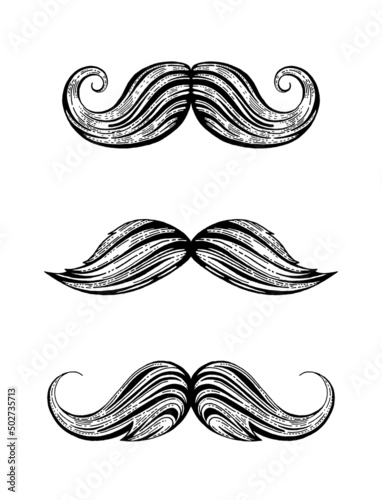 Moustache vector set. Isolated mustache icons. Black cartoon beard hair moustache illustration. Vintage barber silhouette. Funny face old style sketch. Retro hipster gentleman. Black Fathers day art