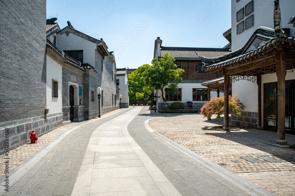 Street view of buildings along the Qinhuai River in Nanjing, China