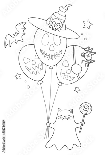 Happy halloween ghost cat with ghost balloons and bat. Vector design. 