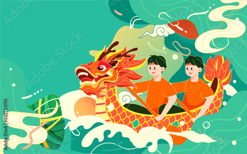 Dragon Boat Festival people are racing dragon boat with waves and zongzi in the background, vector illustration © lin