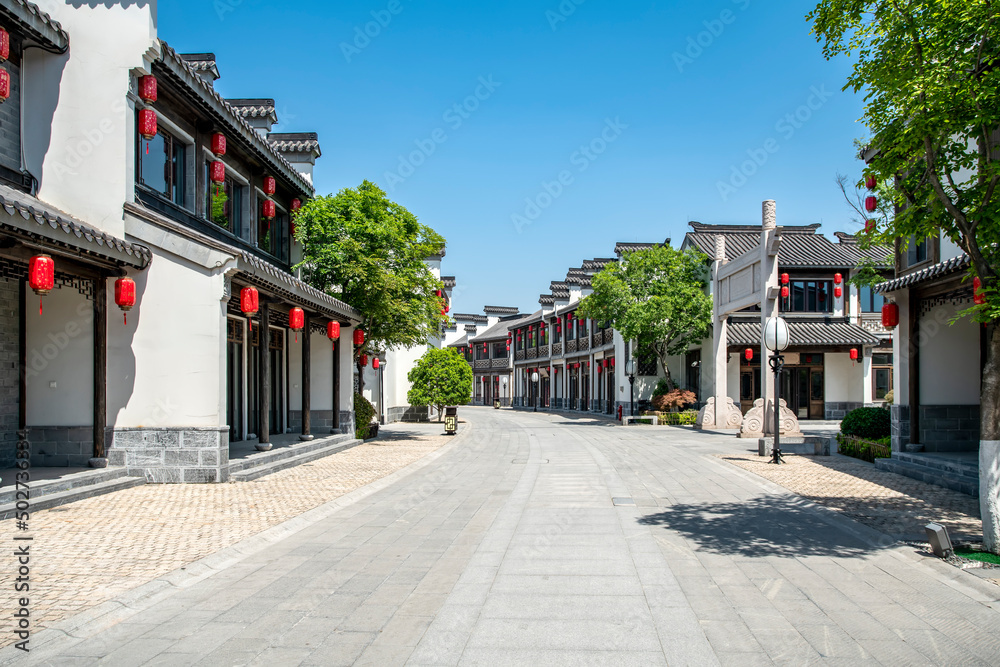 Street view of buildings along the Qinhuai River in Nanjing, China