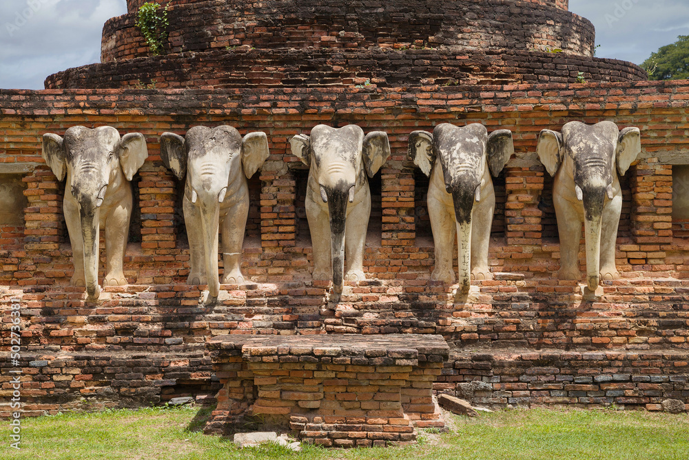 Elephant Sculptures at Wat Sorasak, Sukhothai, Thailand