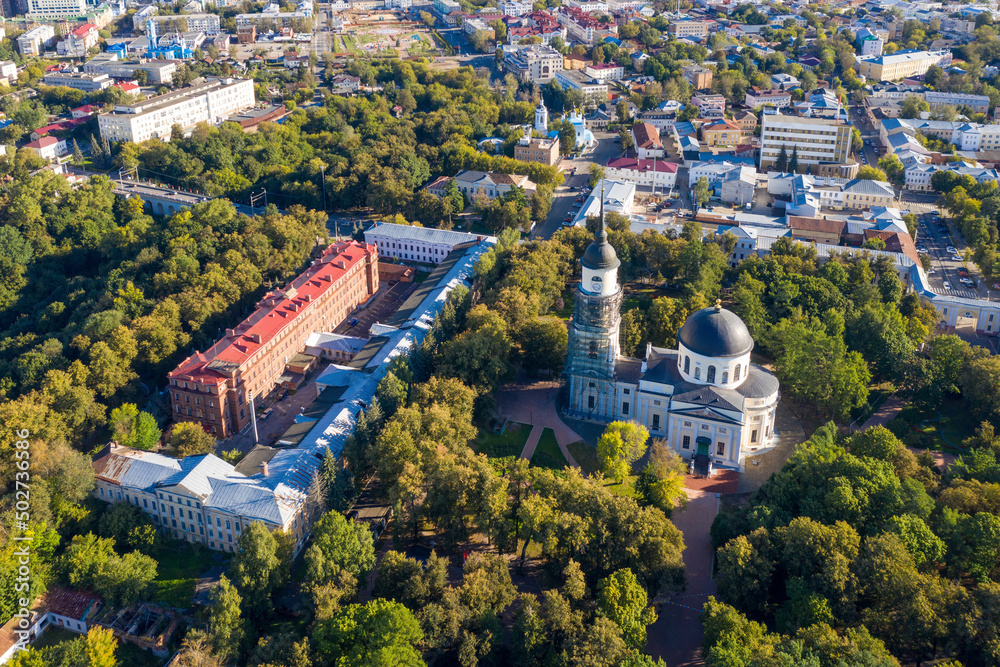 Aerial view of Svyato-Troitsky (Trinity) cathedral and Central park on summer sunny day. Kaluga, Kaluga Oblast, Russia.