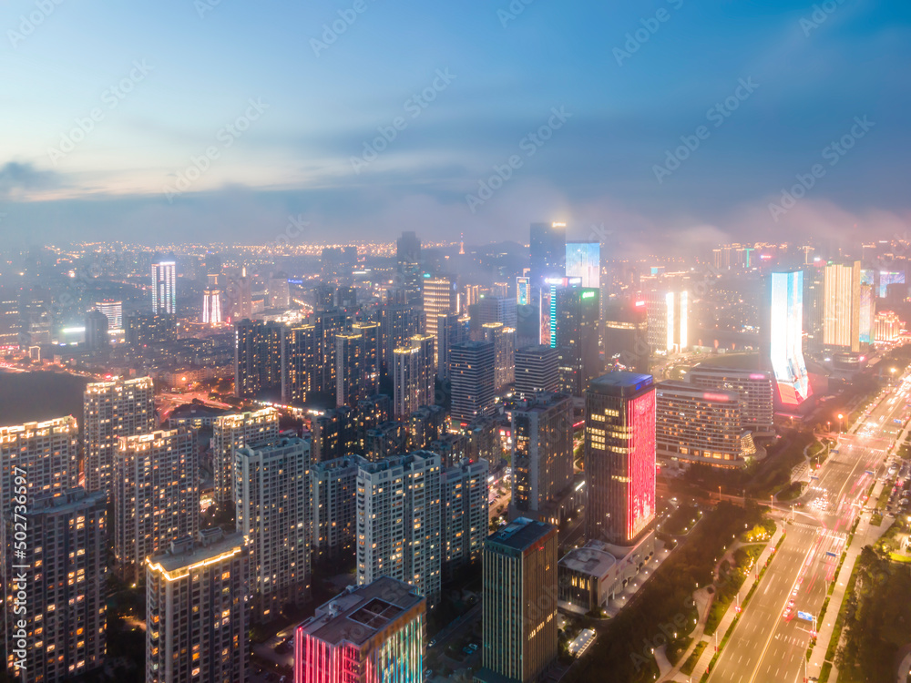 Aerial photography of the city night scene on the west coast of Qingdao
