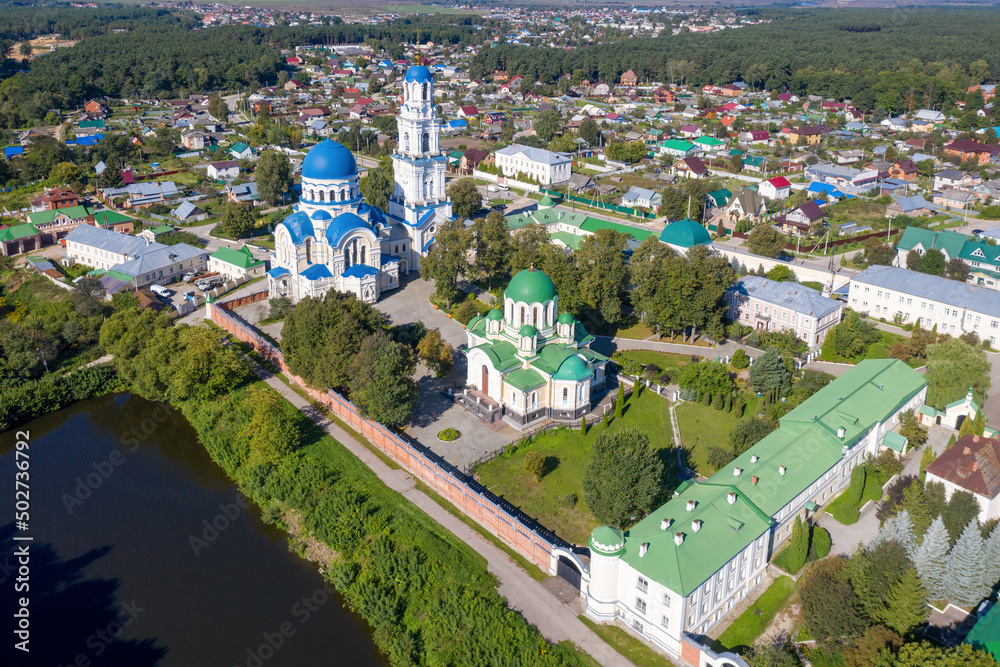 Drone view of Uspenskaya Tikhonova Pustyn on sunny summer day. Leo Tolstoy village, Kaluga Oblast, Russia.