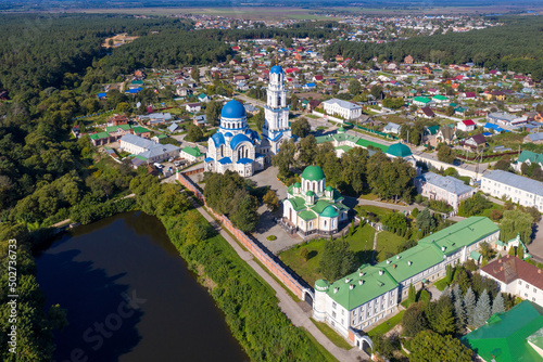 Aerial view of Kaluga Monastery Uspenskaya Tikhonova Pustyn on sunny summer day. Leo Tolstoy village, Kaluga Oblast, Russia.