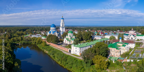 Panoramic aerial view of Kaluga Monastery Uspenskaya Tikhonova Pustyn on sunny summer day. Leo Tolstoy village, Kaluga Oblast, Russia.