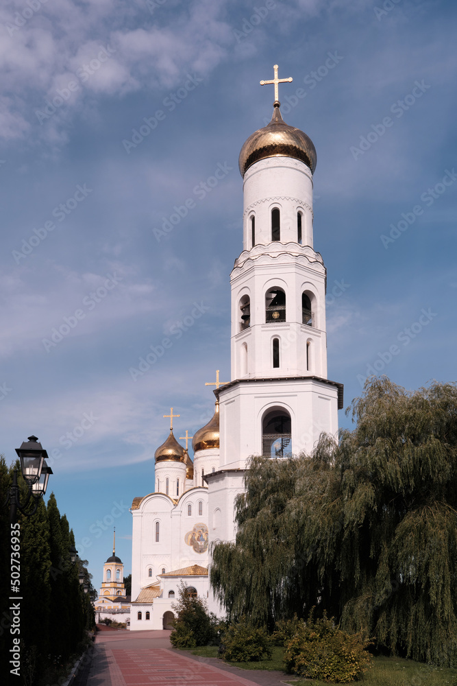 View of bell tower of Troitsky (Trinity) cathedral on sunny summer day. Bryansk, Bryansk Oblast, Russia.