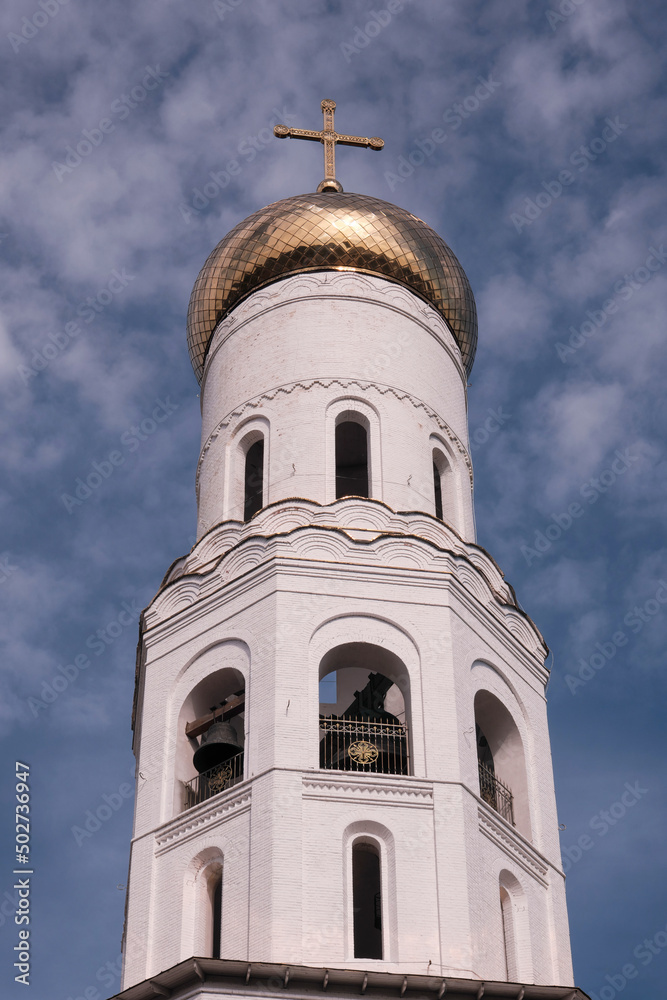 Bell tower of Troitsky (Trinity) cathedral on sunny summer day. Bryansk, Bryansk Oblast, Russia. Bell tower of Troitsky (Trinity) cathedral on sunny summer day. Bryansk, Bryansk Oblast, Russia.