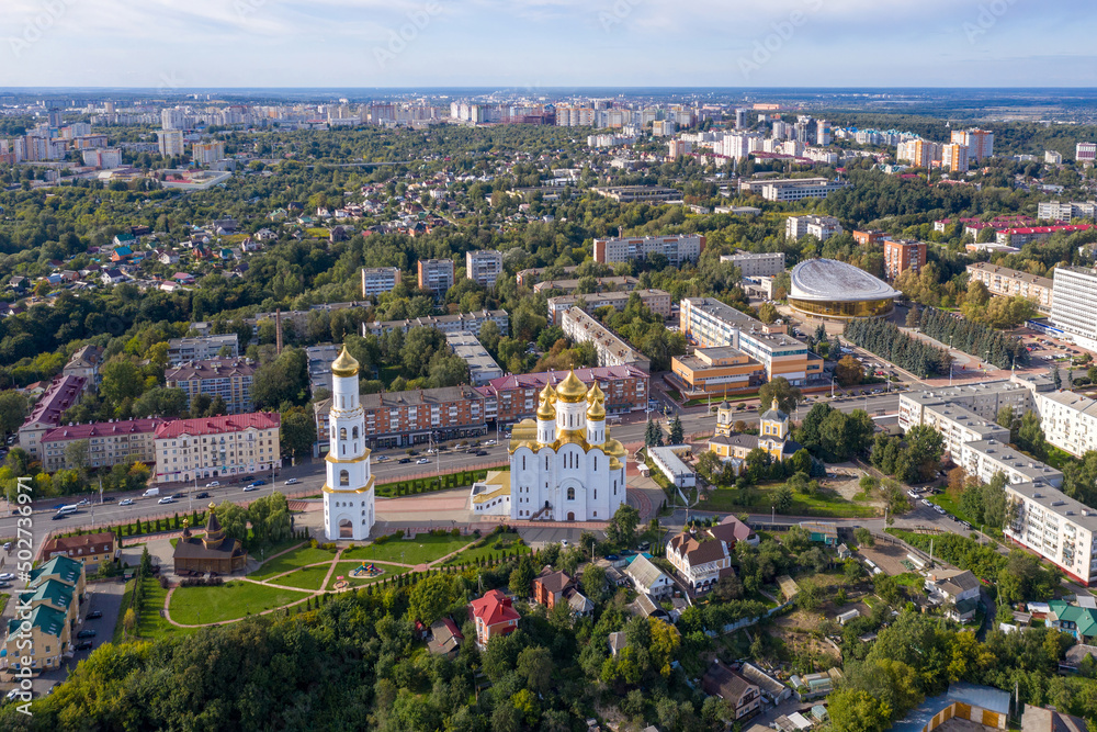Aerial view of central part of Bryansk town on sunny summer day, Russia.