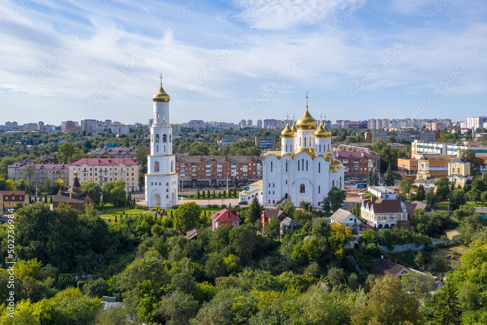 Aerial view of Troitsky (Trinity) cathedral on sunny summer day. Bryansk, Bryansk Oblast, Russia.
