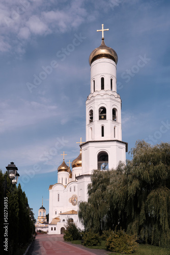 View of bell tower of Troitsky (Trinity) cathedral on sunny summer day. Bryansk, Bryansk Oblast, Russia. © Kirill