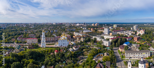Panoramci drone view of historical part of Bruansk town on sunny summer day. Bryansk Oblast, Russia.