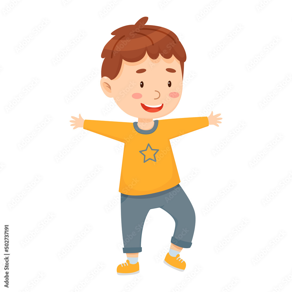 Smiling cartoon boy with open arms. Cheerful child having fun. Vector flat character isolated on the white background.