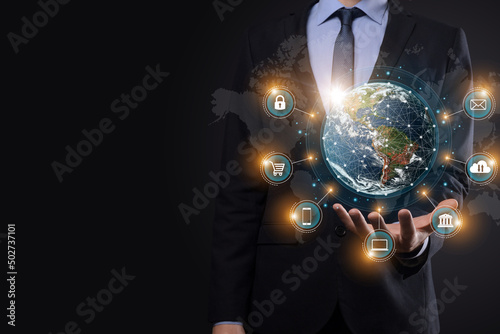 Businessman icon network connection data with growth graph customer  digital marketing  banking and payment online  analysis and planning of business.Financial banking. Technology digital marketing.