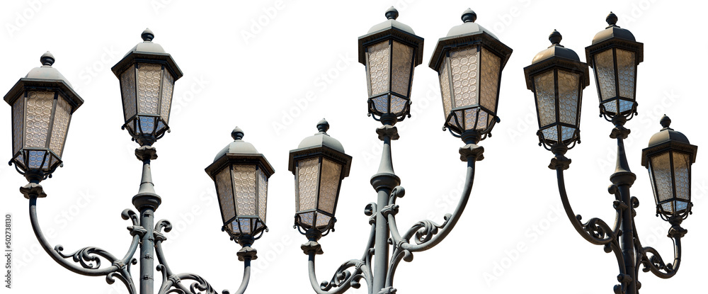 Collection of old street lamp posts isolated on white background. Brescia downtown, Loggia town square (Piazza della Loggia), Lombardy, Italy, Southern Europe.