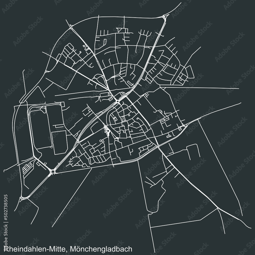 Detailed negative navigation white lines urban street roads map of the RHEINDAHLEN-MITTE DISTRICT of the German regional capital city of Mönchengladbach, Germany on dark gray background