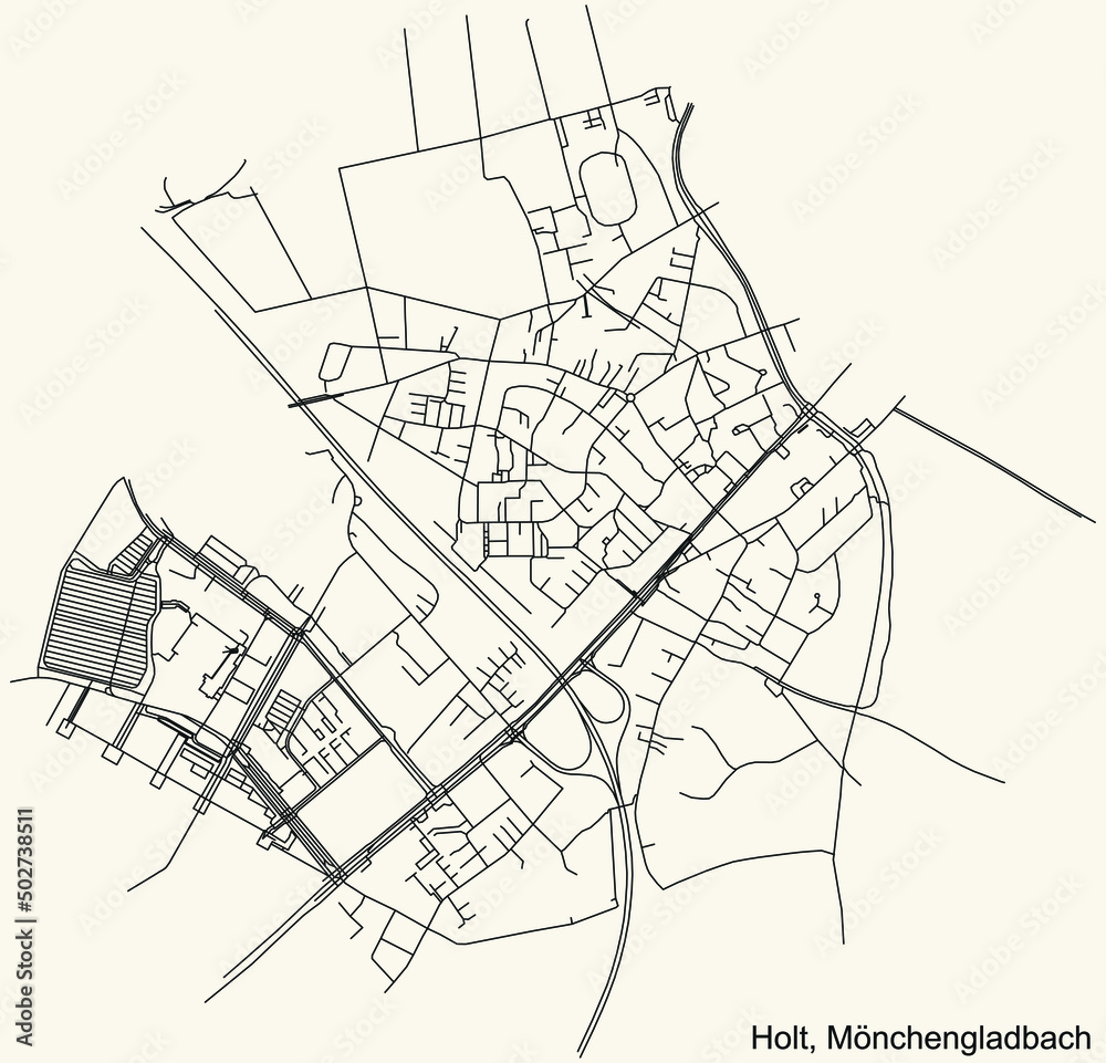 Detailed navigation black lines urban street roads map of the HOLT DISTRICT of the German regional capital city of Mönchengladbach, Germany on vintage beige background