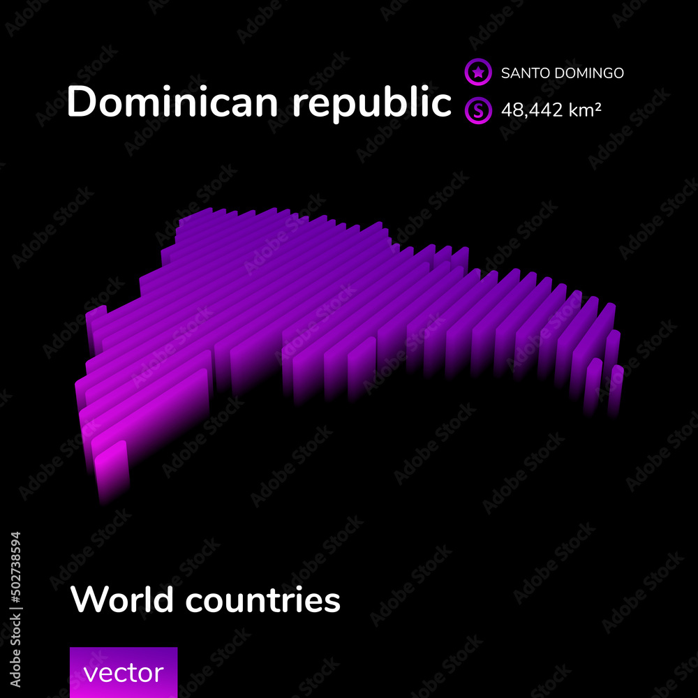 Dominican republic 3D map. Vector digital neon isometric striped contour map with information about country. Geographical poster, banner of Dominican republic
