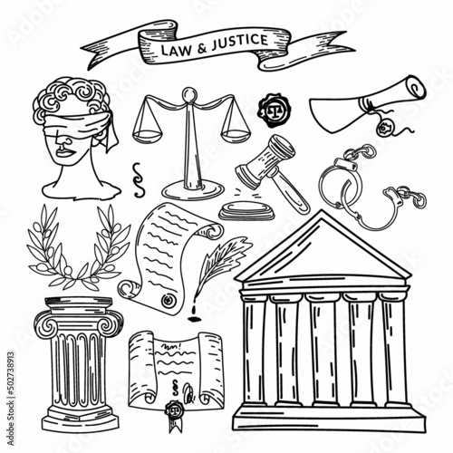 A set of law and justice symbols, a hand-drawn sketch-style doodle. Justice. Greece. Themis blindfolded. Laurel Wreath. Scales of Justice. A collection of cartoon elements suitable for infographics.