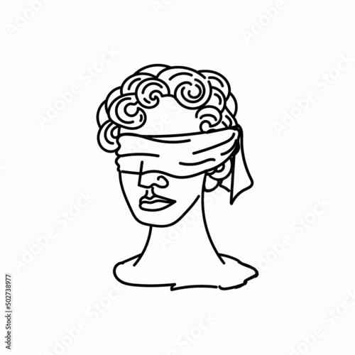 A blindfolded Themis, a symbol of law and justice, a hand-drawn sketch-style doodle. Justice. Greece. Scales of Justice. Head of the goddess of justice. photo